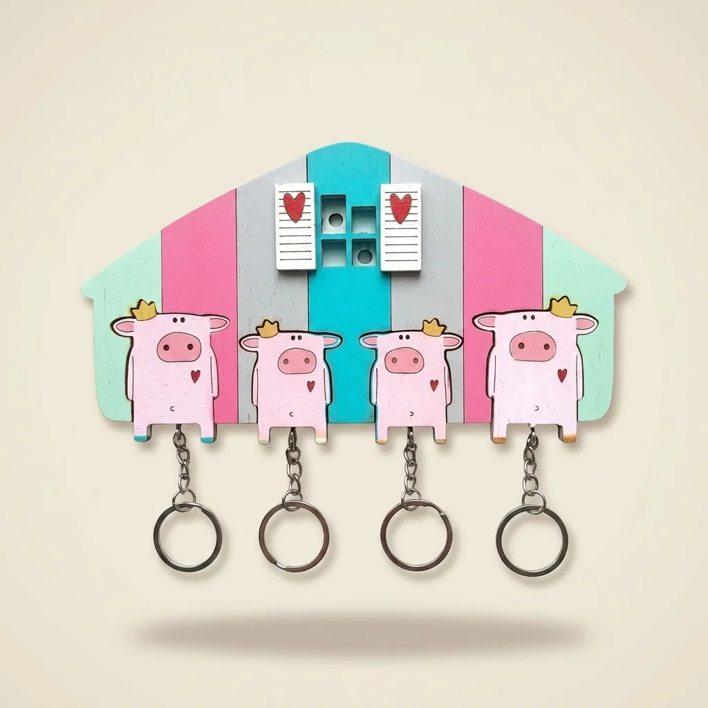 Portallaves de cerditos rosas con casita central