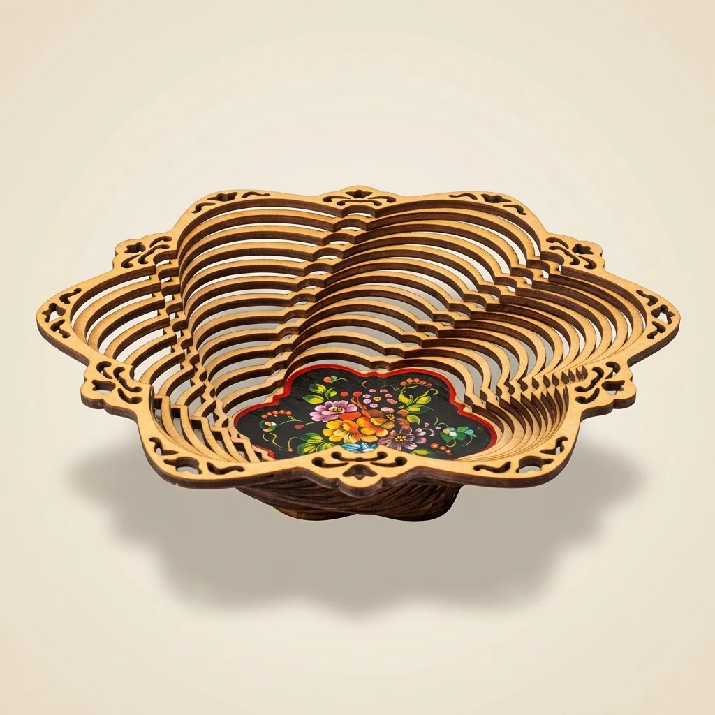 Canasta espiral decorativa de madera con flor en el fondo