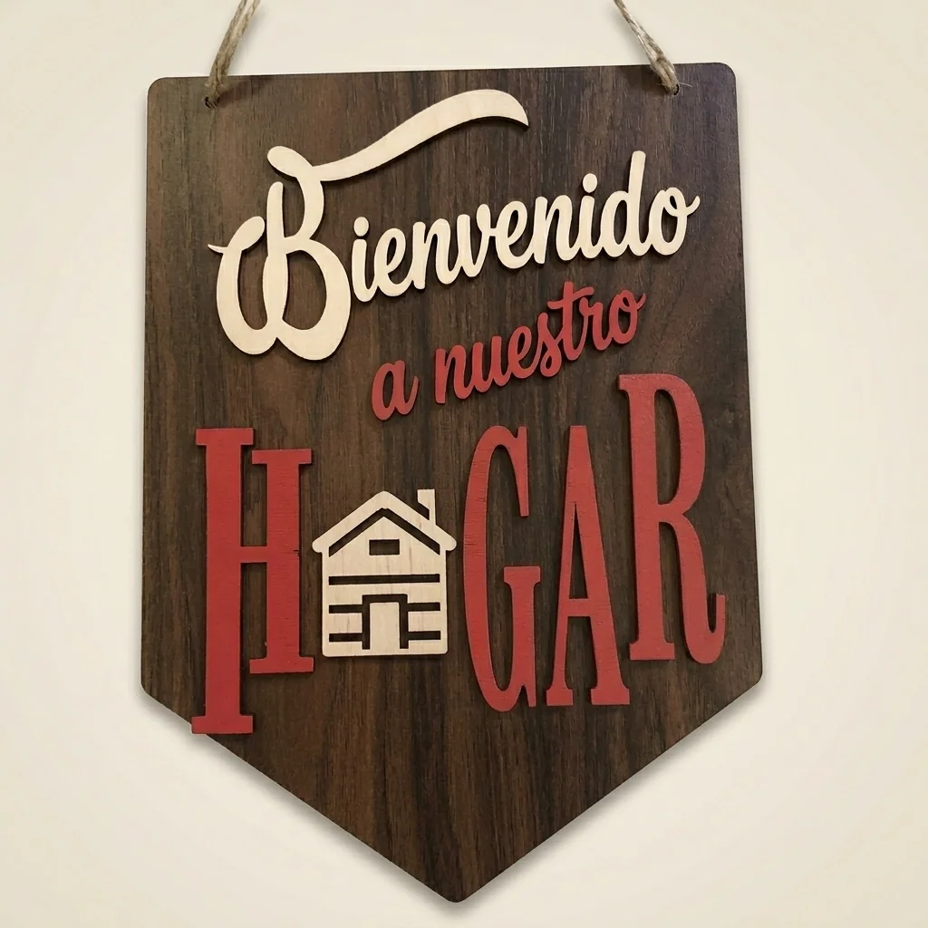 Letrero colgante Bienvenido a nuestro Hogar en madera oscura