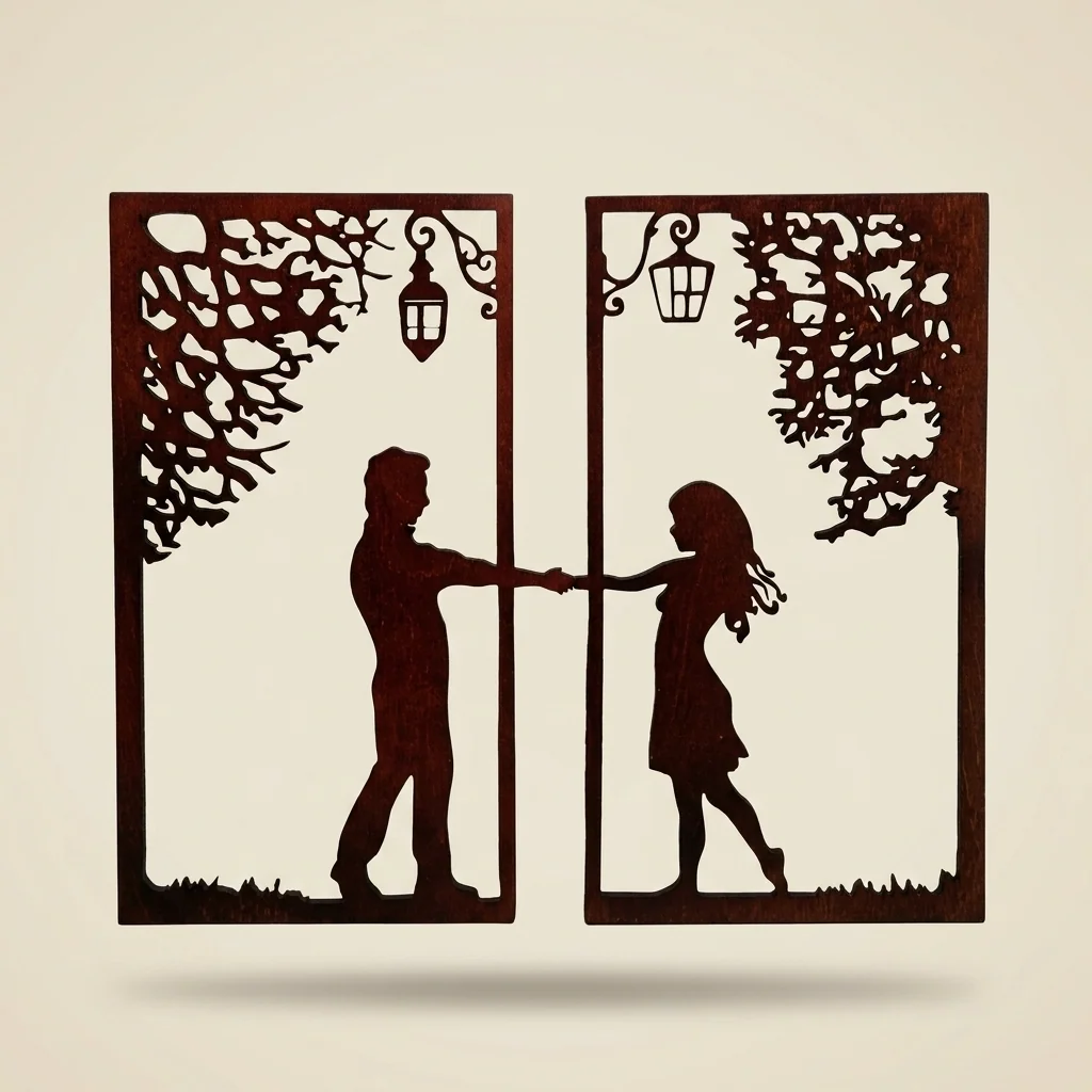 Cuadro díptico pareja enamorada bajo farolas en madera